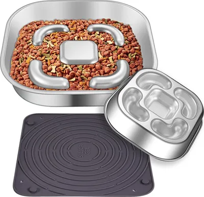Productafbeelding van RVS slowfeeder hondenbak - antislip mat - 3 bakjes