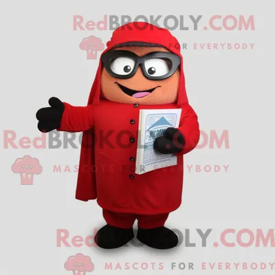 Immagine prodotto di Personaggio mascotte REDBROKOLY di una Pizza Rossa vestita con Cappotto e Occhiali da lettura