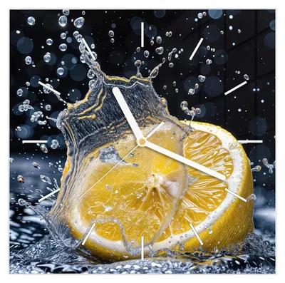 Produktbild von Wanduhr aus Glas mit Motiv Zitronenspritzer- 30 x 30 cm - inkl. Aufhängesystem
