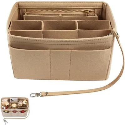Produktbild von Beutelorganizer, Handbeutelorganizer aus Fleece, Reisebeutel mit Taschen und Riemen 27 × 16 × 15 cm (beige)