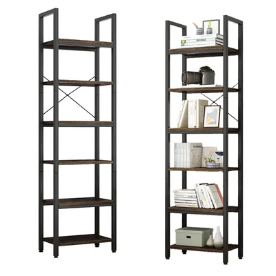 Two tall, narrow bookshelves with dark wood shelves and black metal frames are shown against a white background.