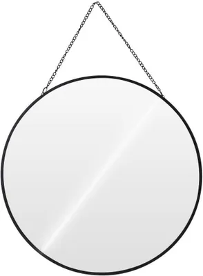 A round mirror with a black metal frame and a hanging chain, isolated on a white background.
