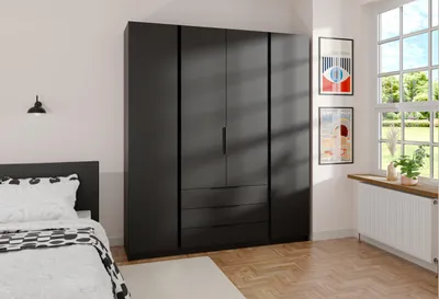 Produktbild von AX LIVING Nehir Kleiderschrank 200 cm Schwarz, 4 Türen, 3 Schubladen