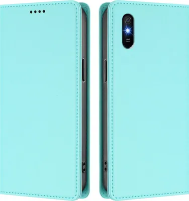 Produktbild von Handyhülle für Xiaomi Redmi 9A, Kunstleder Klapphülle Stoßfeste Magnetische Hülle mit Ständer Türkis