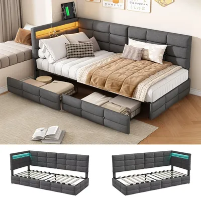 Zdjęcie produktu dla Łóżko tapicerowane - rama łóżka - 90 x 200 cm - zagłówek LED w kształcie litery L - funkcja ładowania USB - szuflada - kolor: szary