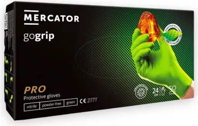 A box of green nitrile gloves with a hand wearing a glove holding an amber-like object.