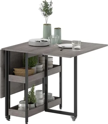 Image de Table à manger pliante, table de cuisine pour 2 à 4 personnes, deux étagères ouvertes, mobile, petits espaces, salle à manger, cuisine, 133,4 x 80 x 75 cm, gris