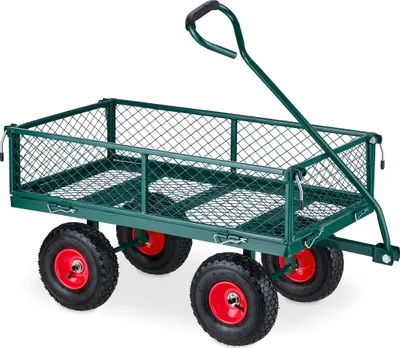 Produktbild von Relaxdays Handwagen, praktischer Bollerwagen für den Garten, Luftbereifung, klappbare Seitenteile, bis 200 kg, grün-rot