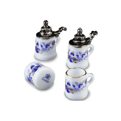 Produktbild von Miniatur Bierkrug mit Zinndeckel Zwiebel Gold Porzellan Deko