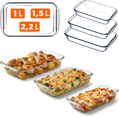 Produktbild von KADAX rechteckige Auflaufform aus Glas, 3-delig, Spülmaschinenfeste Gasbackformen (2.2 + 1.5 + 1 L)