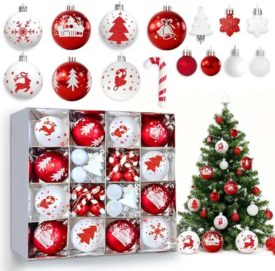 Weihnachtskugeln, Kunststoff, rot-weiß, 46 Stück, Christbaumschmuck