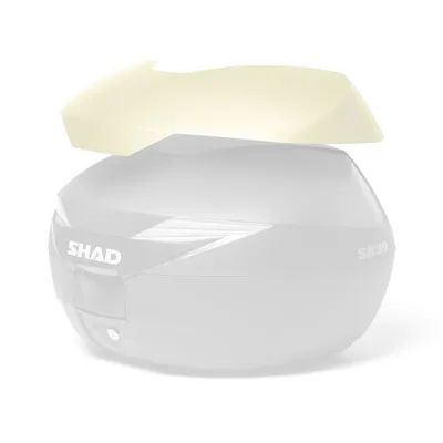 A cream-colored cover is placed on top of a gray motorcycle top case.