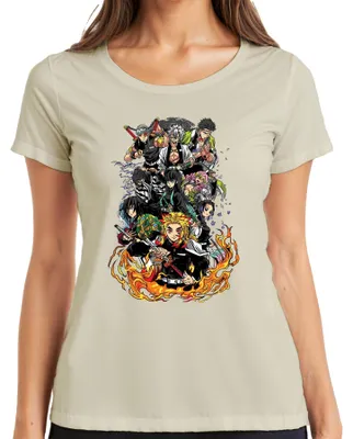 Immagine prodotto di Maglietta vintage da donna con stampa anime "Demon Slayer" - Rengoku, Tanjiro, Nezuko, Gruppo del Fuoco, colore naturale, taglia XXL