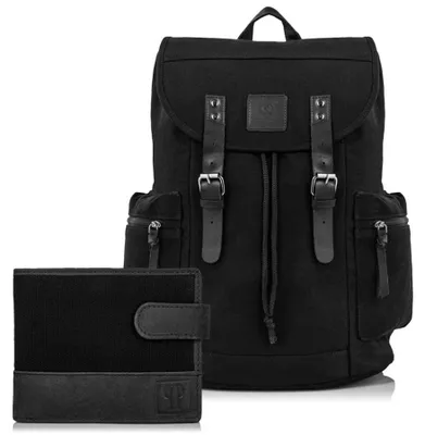Produktbild von T-03 Herrenledergeldbörse und T-19 großer schwarzer Rucksack Geschenkset ZUP-21-BL
