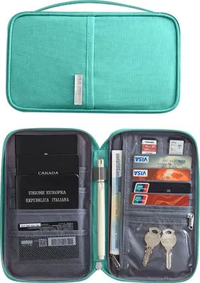A teal travel organizer is shown open, displaying its compartments filled with various travel documents and accessories.