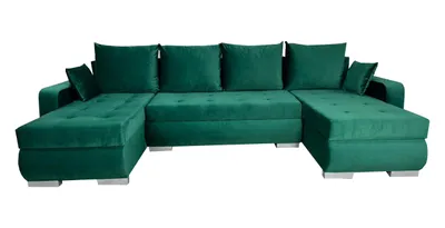 A U-shaped sectional sofa in a deep green velvet fabric, shown against a white background.