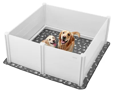 Produktbild von VEVOR Wurfbox für Hunde, 48 x 48 x 18,1 Zoll, Kunststoff PVC Welpen-Spielbereich mit höhenverstellbarer Tür und waschbarem Urinpad, anti-deformierbarer Indoor-Welpen-Spielbereich für große Hunderassen, Milchweiß, 152x152x61 cm
