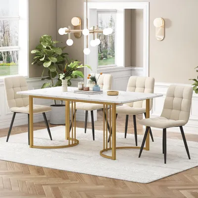 Immagine prodotto di Set da pranzo 5 pezzi: tavolo da pranzo 140x80 cm con 4 sedie in velluto, colore bianco/oro