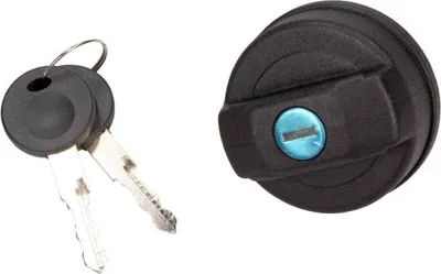 A fuel tank cap and two keys are shown against a white background.