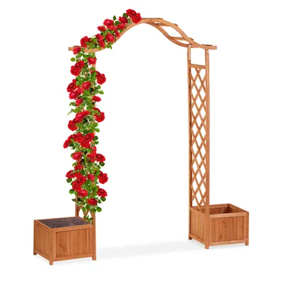 Produktbild von Relaxdays Holz-Rosenbogen, dekorativer Gartenbogen, 2 Pflanzkübel, wetterfestes Rankgitter, 209 x 181 x 60 cm, orange
