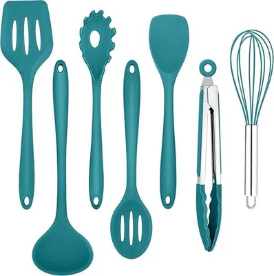 Image de Ensemble de 7 ustensiles de cuisine en silicone Unyqoos® – adaptés au contact alimentaire, résistants à la chaleur jusqu'à 230°C, antiadhésifs et lavables au lave-vaisselle, comprenant une spatule, une louche, une cuillère, une pince, un fouet, de couleur bleue
