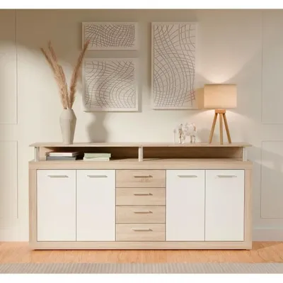 Produktbild von CAVA Low Buffet 197 cm – Eiche-Nachbildung, weiß, 4 Türen, Schubladen, offene Ablage