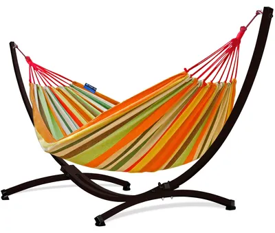 Produktbild von Potenza Outdoor Hängematte mit Gestell für 2 Personen I Baumwolle Doppelhängematte XXL 220x160, 200kg I Braun Hängemattengestell 220kg, wetterfest