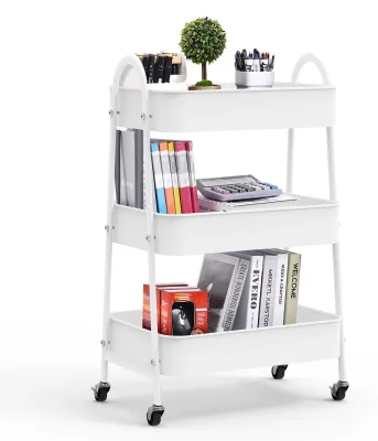 Immagine prodotto di Carrello portaoggetti con ruote per cucina e servizio - Carrello a 3 ripiani - Carrello in metallo per cucina e lavanderia - Bianco