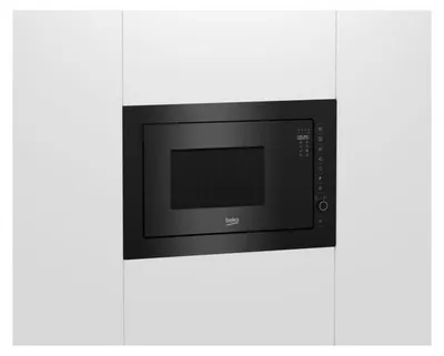 A built-in black microwave oven is shown in a white cabinet.