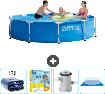 Obrázek produktu pro Bazén Intex s kulatým rámem - 305 x 76 cm - modrý - včetně markýzy - balíček na údržbu - filtrační čerpadlo pro bazén - zemní kryt