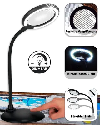 Produktbild von Lupenlampe LED mit Standfuß - LED Lupenleuchte - Tischlupe - Lupe mit Licht und Ständer- Lampe mit Lupe - Standlupe - Schreibtischlampe - Lupe: 3X - 28LED - 46CM - Schwarz