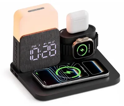 Produktbild von 5-in-1 Induktive Ladestation für Apple Watch, iPhone und AirPods (15 W) – Integrierter Wecker und Nachttischlampe – kabelloses Ladegerät mit Adapter