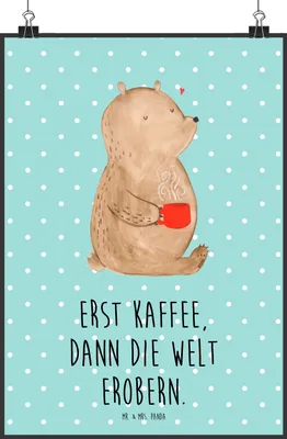 Produktbild von Mr. & Mrs. Panda Bild Bär Kaffee DIN A2 - Türkis Pastell - Geschenk, Plakat, Bären, Teddy, Motivation, wanddeko, drucke, kunstdruck poster, Guten Morgen, Wandbild, Coffee