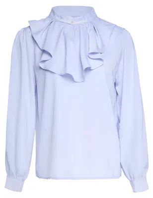 Produktbild von Damen Bluse blau S mit Stehkragen, langen Ärmeln und Rüschen, reguläre Passform
