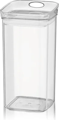 A clear, studio shot of a transparent square food storage container with a lid.