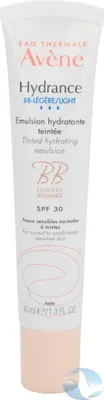 A close-up of a tube of Avène Hydrance BB tinted hydrating emulsion.