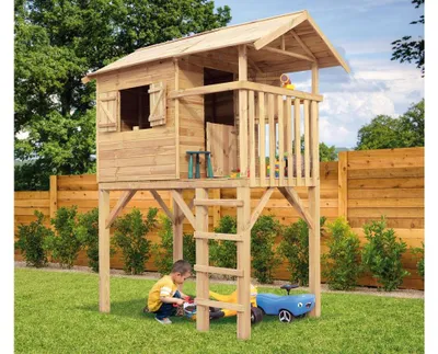 Produktbild von Prestige Garden Stelzenhaus Tree Hut Braun Grün, 14 mm Kesseldruckimprägniertes Kiefernholz Spielhaus, Mit Veranda Tür Fenster Leiter, Stabiles Garten Spielgerät Für Kinder, Erweiterbar Mit Rutsche