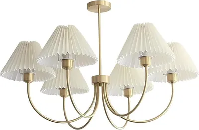 Produktbild von Lighting Kronleuchter Gold 6-Flammig — Pendelleuchte mit Plissierten Stoffschirmen, E27, Höhenverstellbar für Esszimmer & Wohnzimmer
