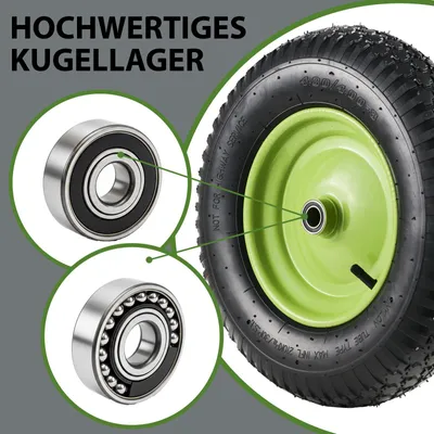 Produktbild von Schubkarrenrad Luftbereifung 200kg 40cm /15,6" Metallfelge Grün Kugellager Ersatzrad inklusive Achse