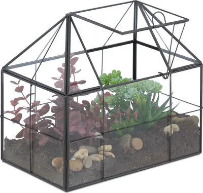Zdjęcie produktu dla Terrarium roślinne Relaxdays, szkło i miedź, 21 x 23 x 14 cm, szklana szklarnia dekoracyjna z kaktusami i mchem, szklana gablota na parapet, czarna