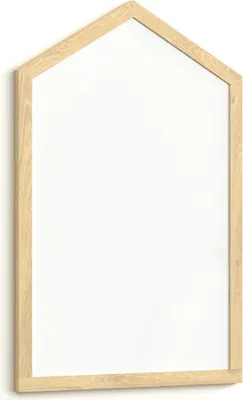 A whiteboard with a wooden frame in the shape of a house.