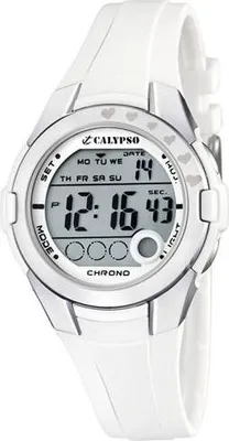 A digital watch with a white band and silver casing, displayed against a white background.