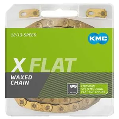 Produktbild von KMC X Flat Kette 12/13-fach 126 Glieder Gold - gewachst mit Kettenschloss.