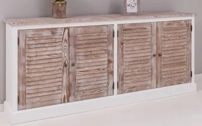 Produktbild von Casa Padrino Landhausstil Sideboard Weiß / Naturfarben 209 x 37 x H. 90 cm - Massivholz Schrank mit 4 Türen - Massivholz Möbel - Esszimmer Möbel - Landhausstil Möbel