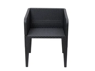 A black rattan armchair is shown from the front on a white background.