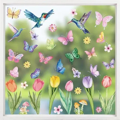 Produktbild von Selbstklebende Aquarell Fensterbilder für Frühlingsdekoration - 8 Bögen mit Blumen, Vögeln und Schmetterlingen