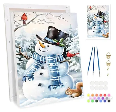 Immagine prodotto di Kit per dipingere per adulti, con cornice, formato 20x30 cm, soggetto: pupazzo di neve. Include tela, colori acrilici e pennelli. Prodotto fai-da-te