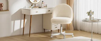 Produktbild von Bürostuhl - Schreibtischstuhl - Teddy-Samt - Ergonomisch - Höhenverstellbar - Drehbar 360° - Mit Rollen - Ohne Armlehnen - Elfenbeinweiß