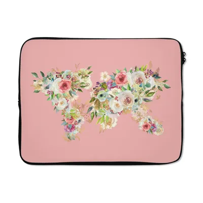 Produktbild von MuchoWow® Laptop Hülle 17 Zoll Laptoptasche Weltkarte - Rosen - Rosa - Zipper - Schutzabdeckung