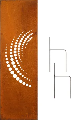 A rusty metal garden screen with a circular pattern and two metal ground stakes.